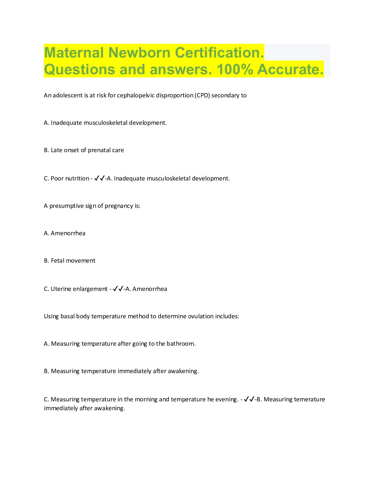 Preview image for Maternal Newborn Certification.  Questions and answers. 100% Accurate.
